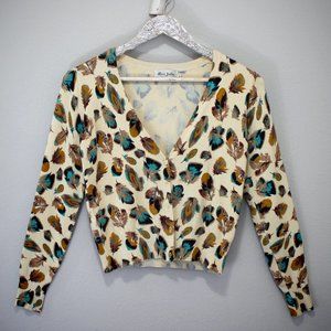 Vintage Woman's Feather Print Cardigan Sweater Size S Signed "Miss Jolie London"